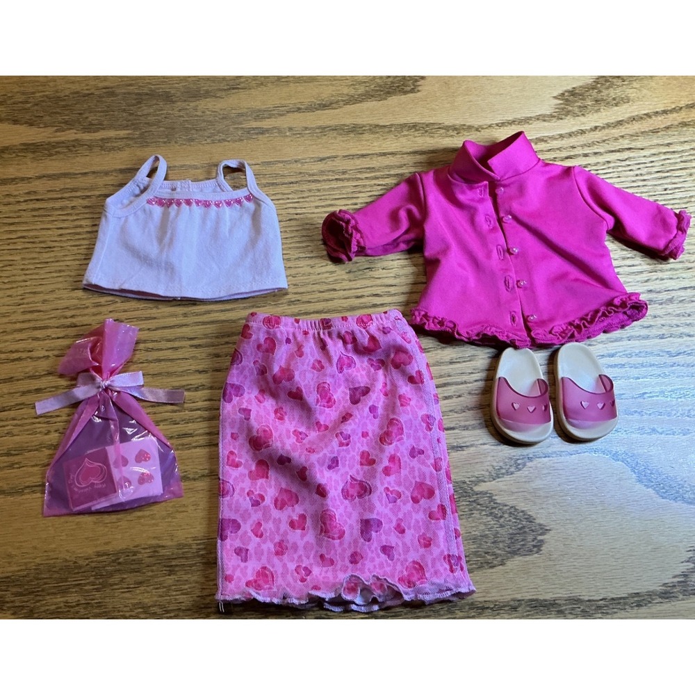 American Girl Doll Valentine Outfit Pink Heart Skirt Jacket Shoes and Cards Set